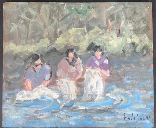 Maids Washing The Clothes In The Steam French Landscape Oil Painting - Image 2