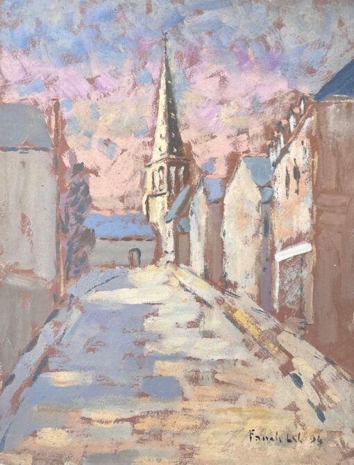 French Dappled Light Street Path Leading To The Church Landscape Oil Painting