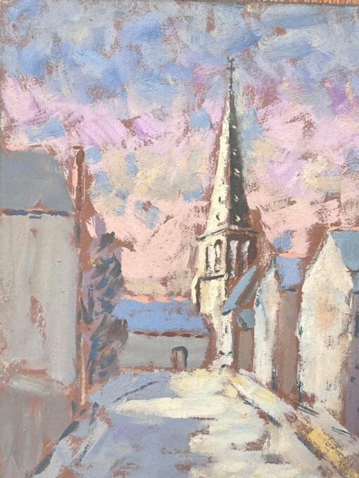French Dappled Light Street Path Leading To The Church Landscape Oil Painting - Image 2