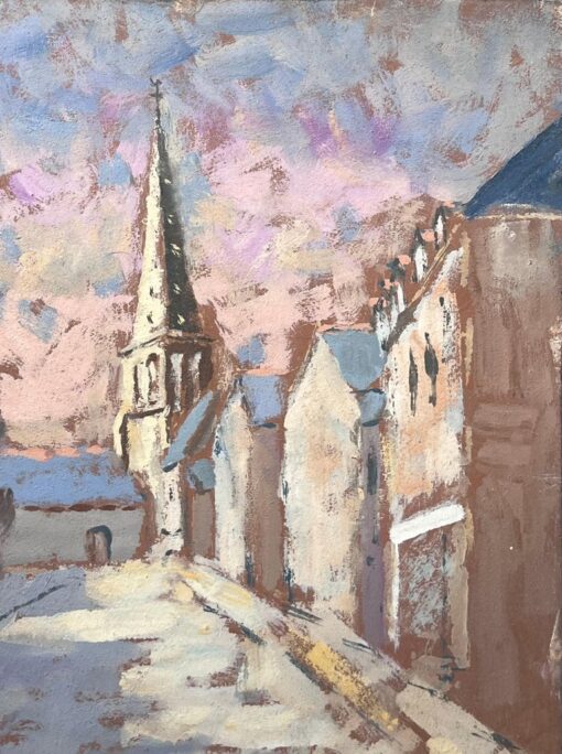 French Dappled Light Street Path Leading To The Church Landscape Oil Painting - Image 3