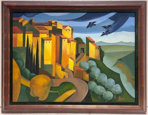 Large 1990's French Contemporary Signed Oil Painting Gordes Luberon Provence