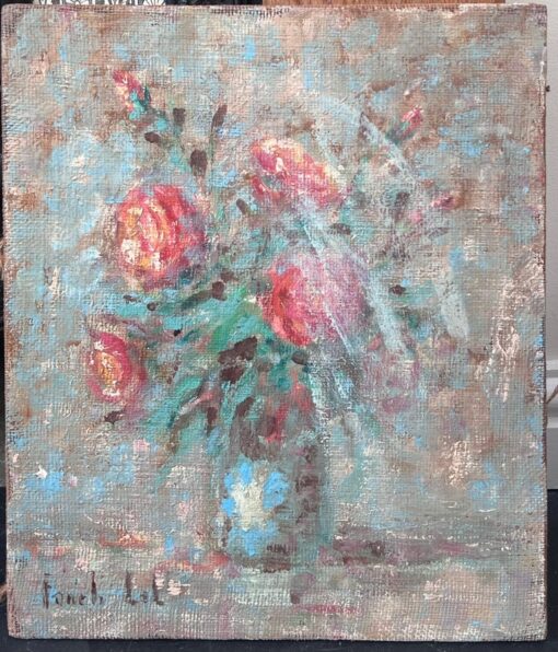 Impressionist French Red Roses in Blue Vase Interior Oil Painting - Image 2