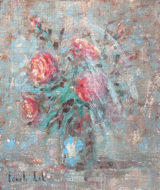 Impressionist French Red Roses in Blue Vase Interior Oil Painting - Image 4