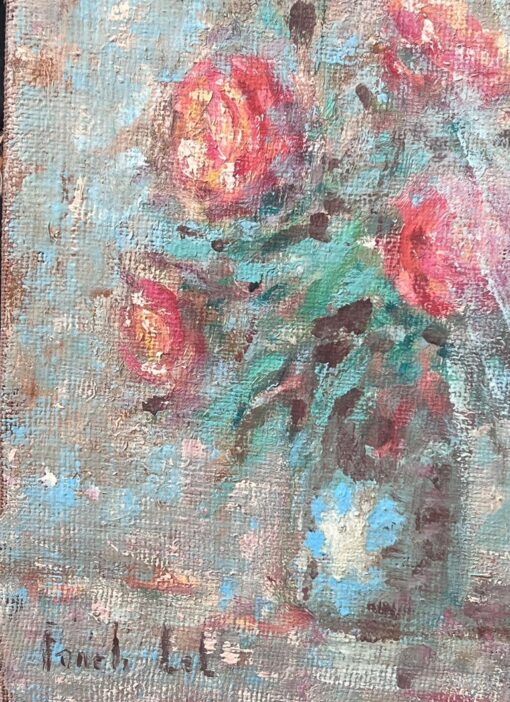 Impressionist French Red Roses in Blue Vase Interior Oil Painting - Image 5