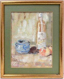 French Impressionist Interior Rose Wine + Apples Still Life Framed Painting
