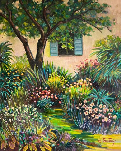 The Provence House Flower Garden Large 20th Century French Oil Painting