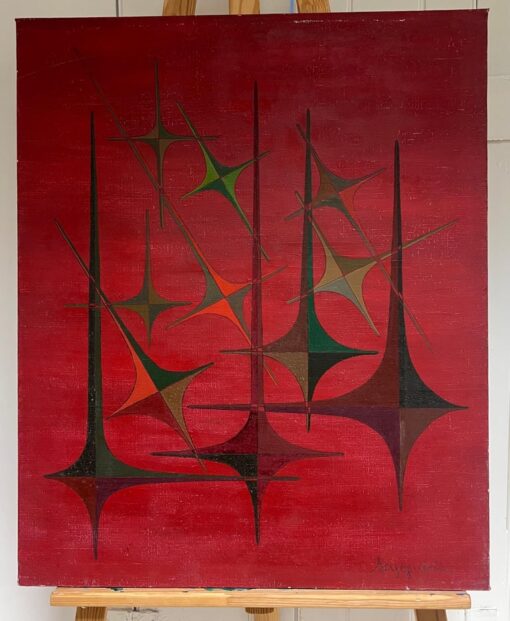 20th Century French Geometric Abstract Composition Oil Painting Red Colours - Image 2