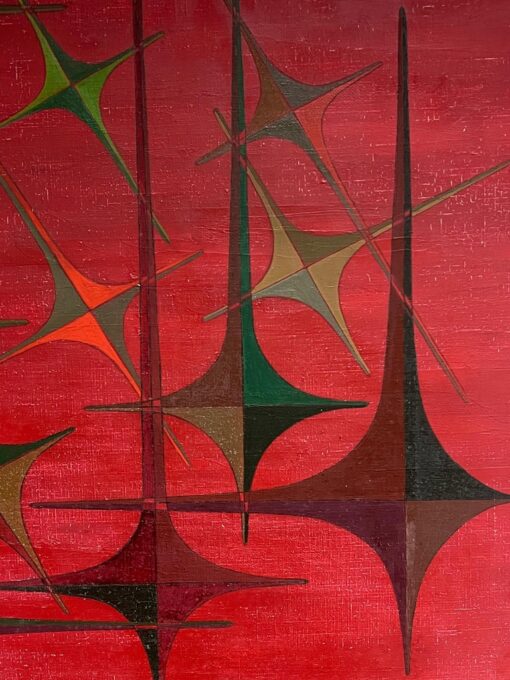 20th Century French Geometric Abstract Composition Oil Painting Red Colours - Image 3