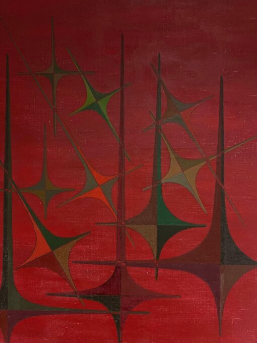 20th Century French Geometric Abstract Composition Oil Painting Red Colours - Image 6