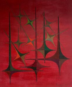 20th Century French Geometric Abstract Composition Oil Painting Red Colours