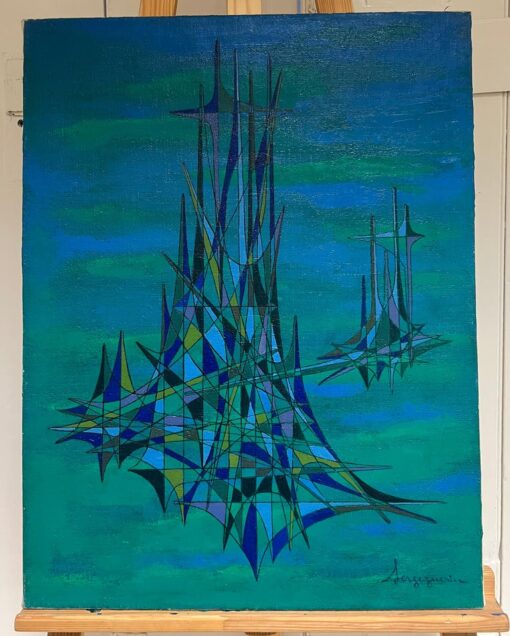 20th Century French Geometric Abstract Composition Oil Painting Green Turquoise - Image 2