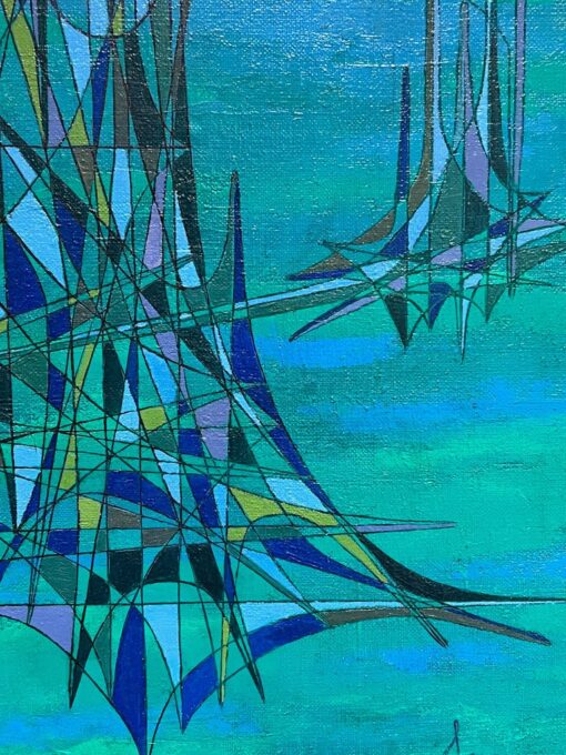 20th Century French Geometric Abstract Composition Oil Painting Green Turquoise - Image 3