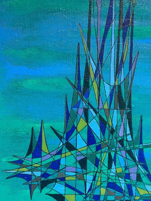 20th Century French Geometric Abstract Composition Oil Painting Green Turquoise - Image 4