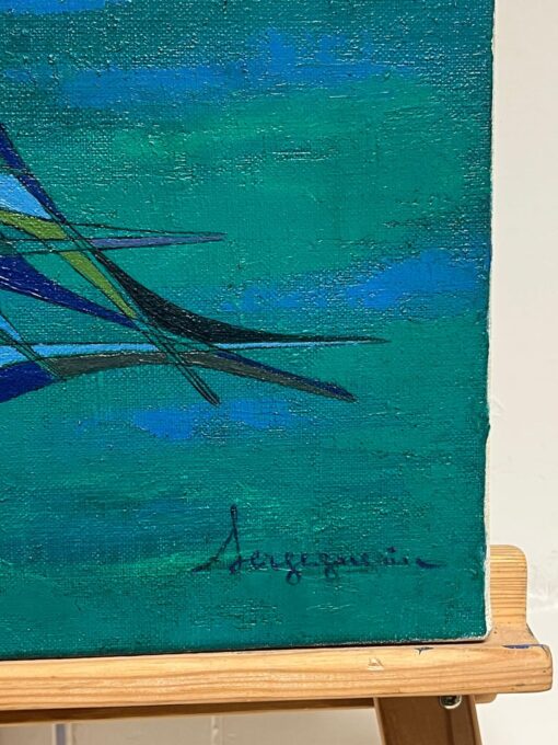 20th Century French Geometric Abstract Composition Oil Painting Green Turquoise - Image 6