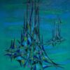 20th Century French Geometric Abstract Composition Oil Painting Green Turquoise