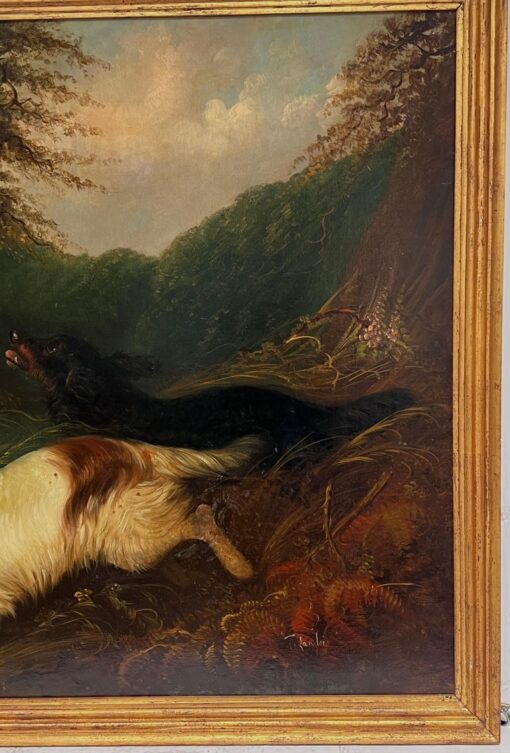 Huge Victorian Sporting Art Oil Painting Spaniels Chasing Pheasant in Woodland - Image 2