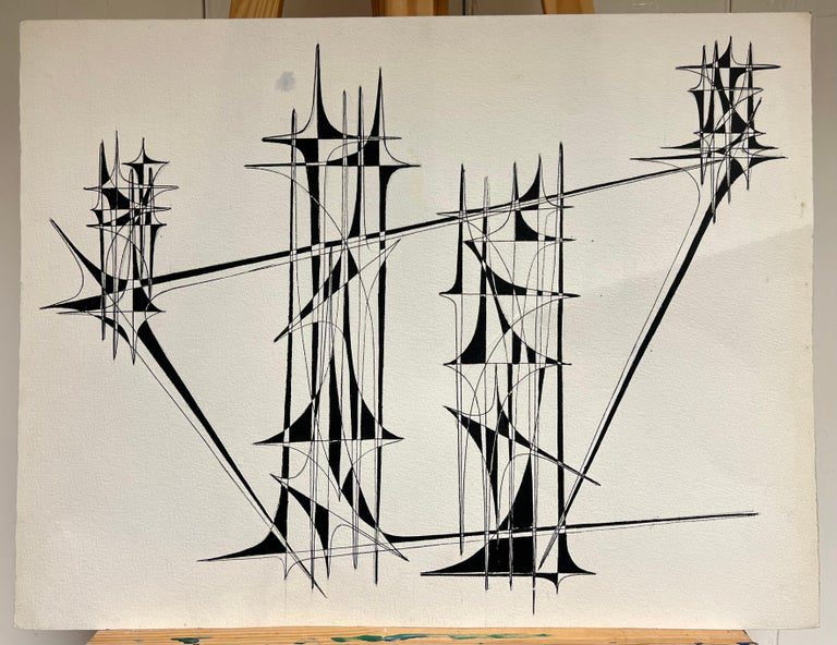 20th Century French Geometric Abstract Composition Ink Drawing 1970's - Image 2