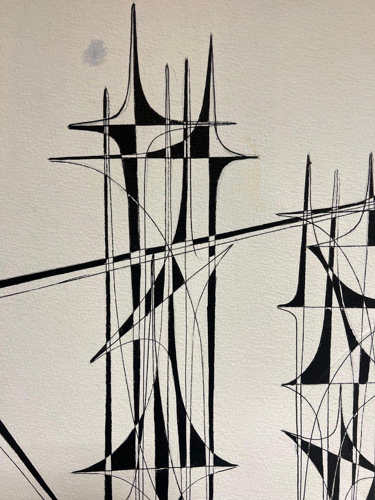 20th Century French Geometric Abstract Composition Ink Drawing 1970's - Image 3