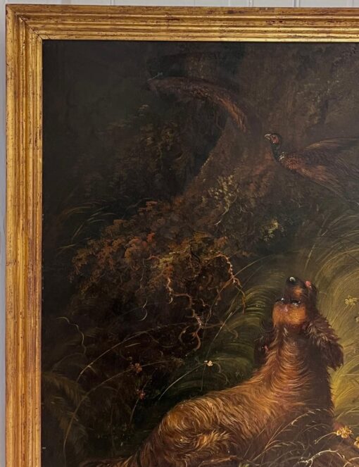 Huge Victorian Sporting Art Oil Painting Spaniels Chasing Pheasant in Woodland - Image 3