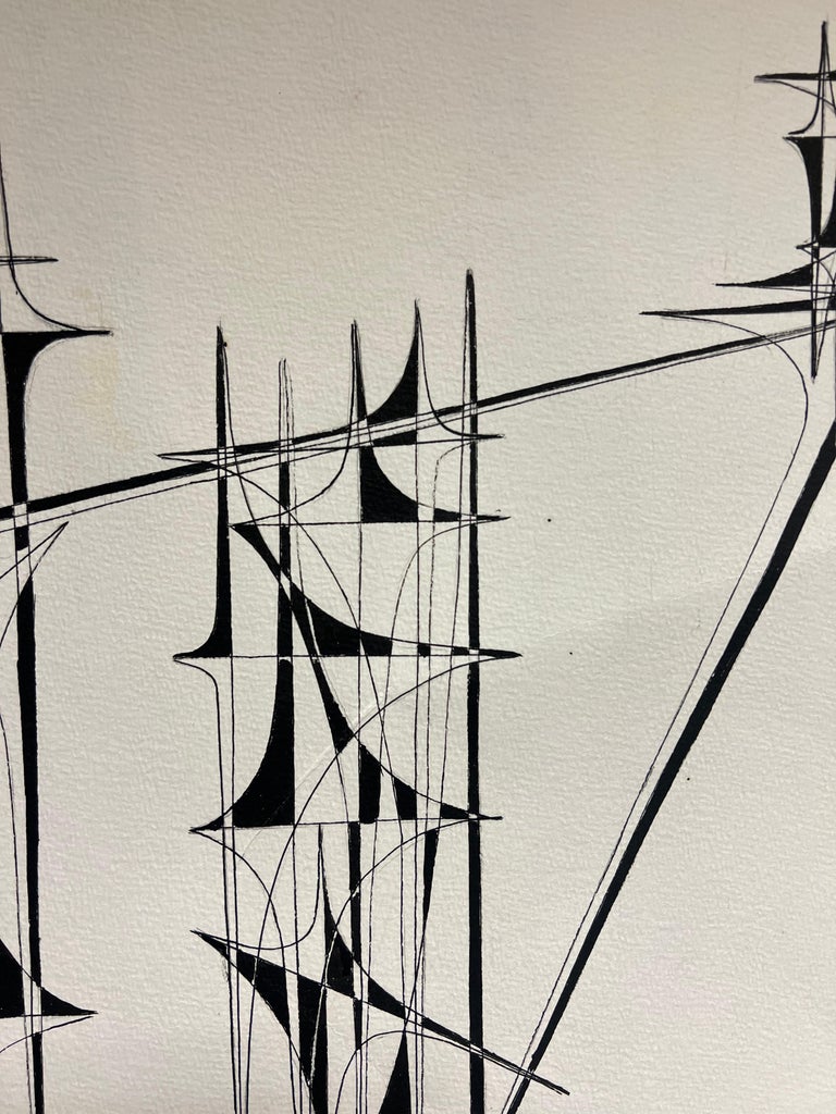 20th Century French Geometric Abstract Composition Ink Drawing 1970's - Image 4