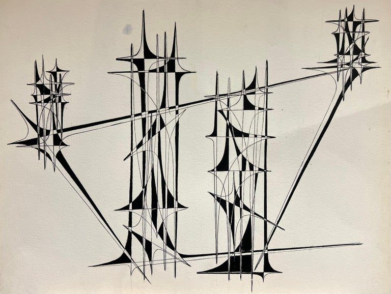 20th Century French Geometric Abstract Composition Ink Drawing 1970's