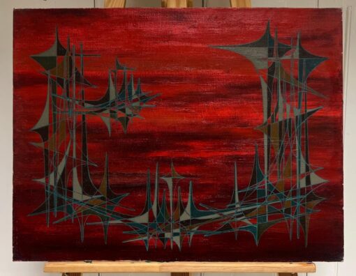 20th Century French Geometric Abstract Composition Oil Painting Deep Red Colors - Image 2