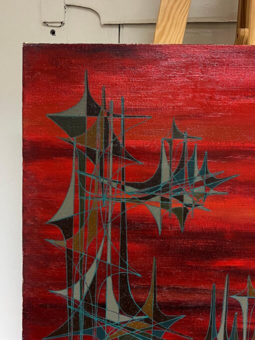20th Century French Geometric Abstract Composition Oil Painting Deep Red Colors - Image 3