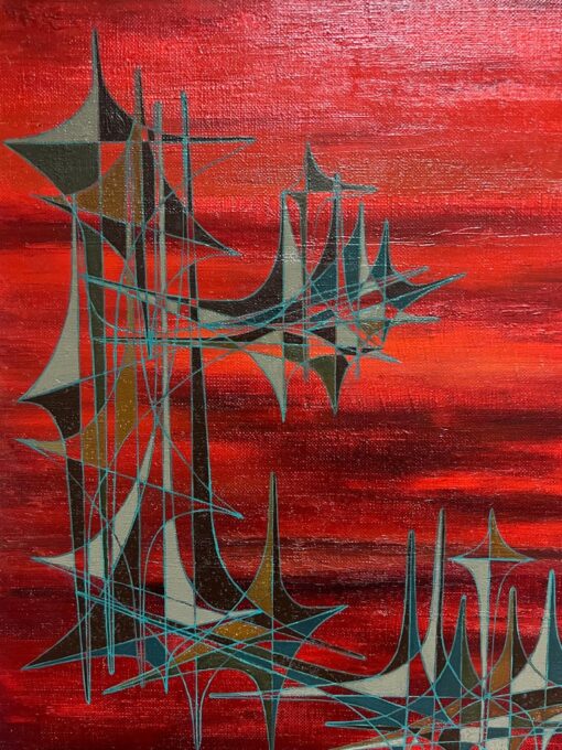 20th Century French Geometric Abstract Composition Oil Painting Deep Red Colors - Image 4