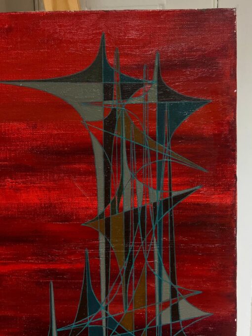 20th Century French Geometric Abstract Composition Oil Painting Deep Red Colors - Image 5