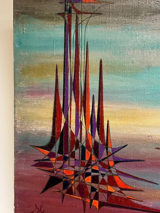 20th Century French Geometric Abstract Surrealist Composition Oil Painting - Image 9