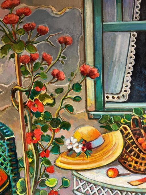 Provencal Garden Window Scene Flowers & Old Hat Huge 20th Century French Oil - Image 3