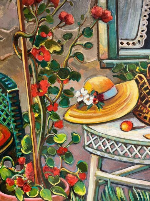 Provencal Garden Window Scene Flowers & Old Hat Huge 20th Century French Oil - Image 4