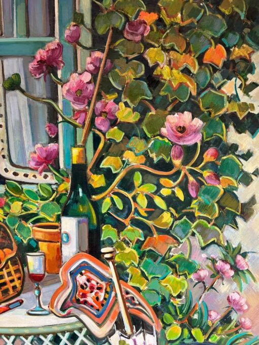 Provencal Garden Window Scene Flowers & Old Hat Huge 20th Century French Oil - Image 6