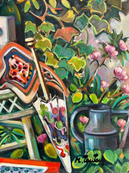Provencal Garden Window Scene Flowers & Old Hat Huge 20th Century French Oil - Image 8