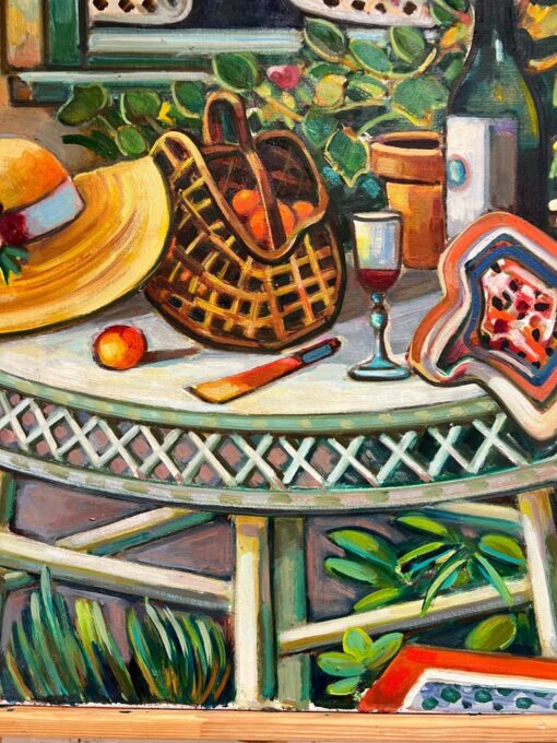 Provencal Garden Window Scene Flowers & Old Hat Huge 20th Century French Oil - Image 10