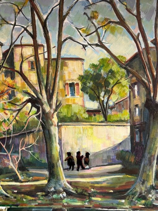 Old French Chateau Figures on the River Banks & Bridge Huge French Oil Painting - Image 3