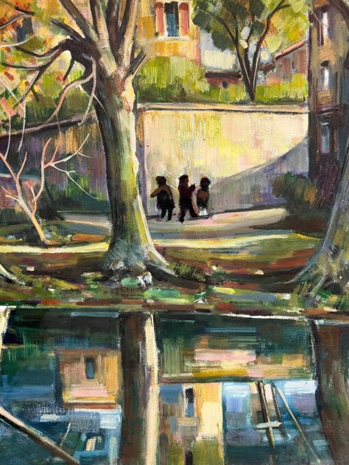 Old French Chateau Figures on the River Banks & Bridge Huge French Oil Painting - Image 4