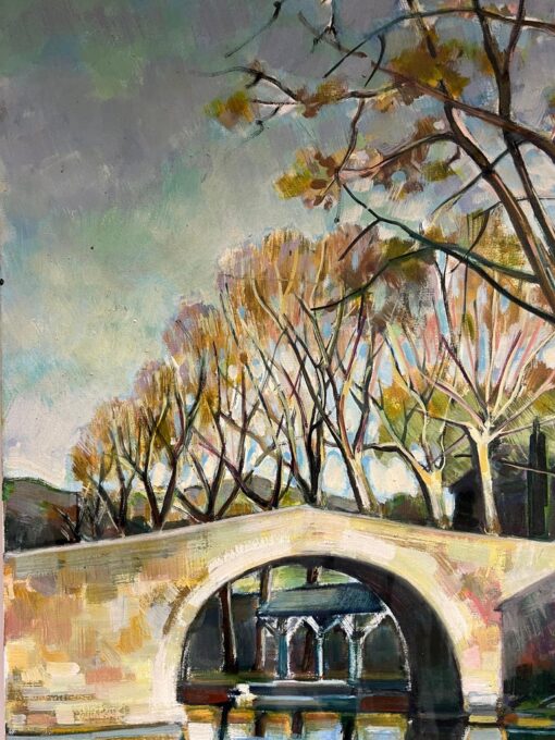 Old French Chateau Figures on the River Banks & Bridge Huge French Oil Painting - Image 7