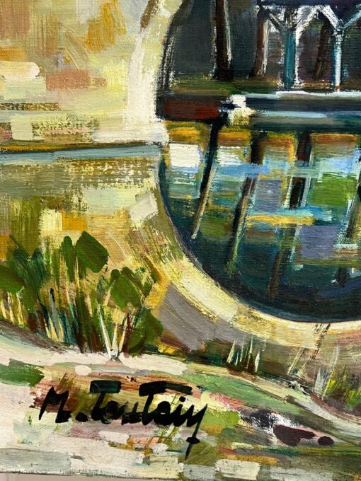 Old French Chateau Figures on the River Banks & Bridge Huge French Oil Painting - Image 9