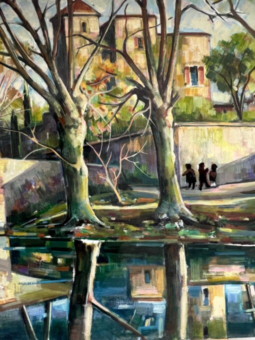 Old French Chateau Figures on the River Banks & Bridge Huge French Oil Painting - Image 10