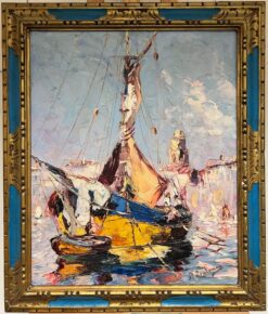 Fishing Boats in Mediterranean Harbor Signed Antique French Impressionist Oil