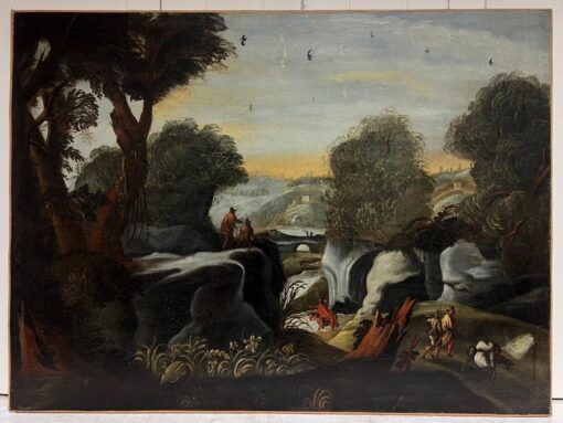 Huge 18th Century Flemish Classical Oil Painting Travellers River Landscape - Image 2