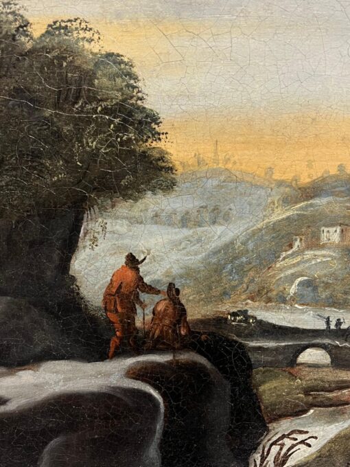 Huge 18th Century Flemish Classical Oil Painting Travellers River Landscape - Image 4