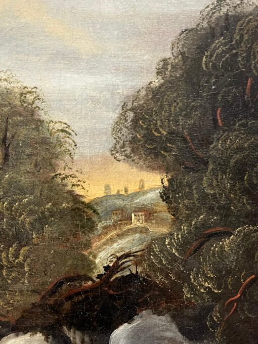 Huge 18th Century Flemish Classical Oil Painting Travellers River Landscape - Image 7