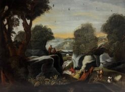 Huge 18th Century Flemish Classical Oil Painting Travellers River Landscape