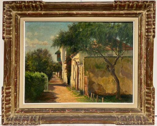 1900's French Impressionist Signed Oil Sunlit Village Houses in Lane
