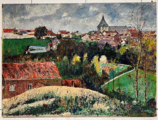 Vintage Mid 20th Century French Signed Oil View over Town Roof Tops - Image 2