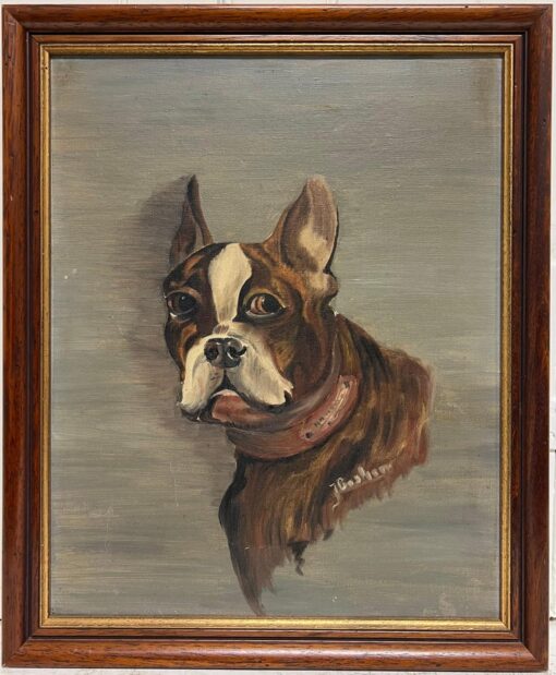 Antique French Signed Oil Painting Portrait of a Boston Terrier Dog - Image 2