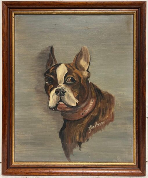 Antique French Signed Oil Painting Portrait of a Boston Terrier Dog - Image 4
