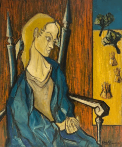 1950's French Expressionist Signed Painting Lady Seated in Chair Harvest Fields